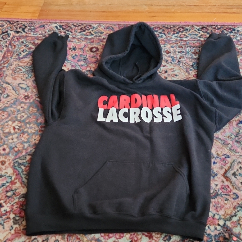 Gildan Heavy Blend Cozy Black Hoodie with Cardinal Lacrosse Logo